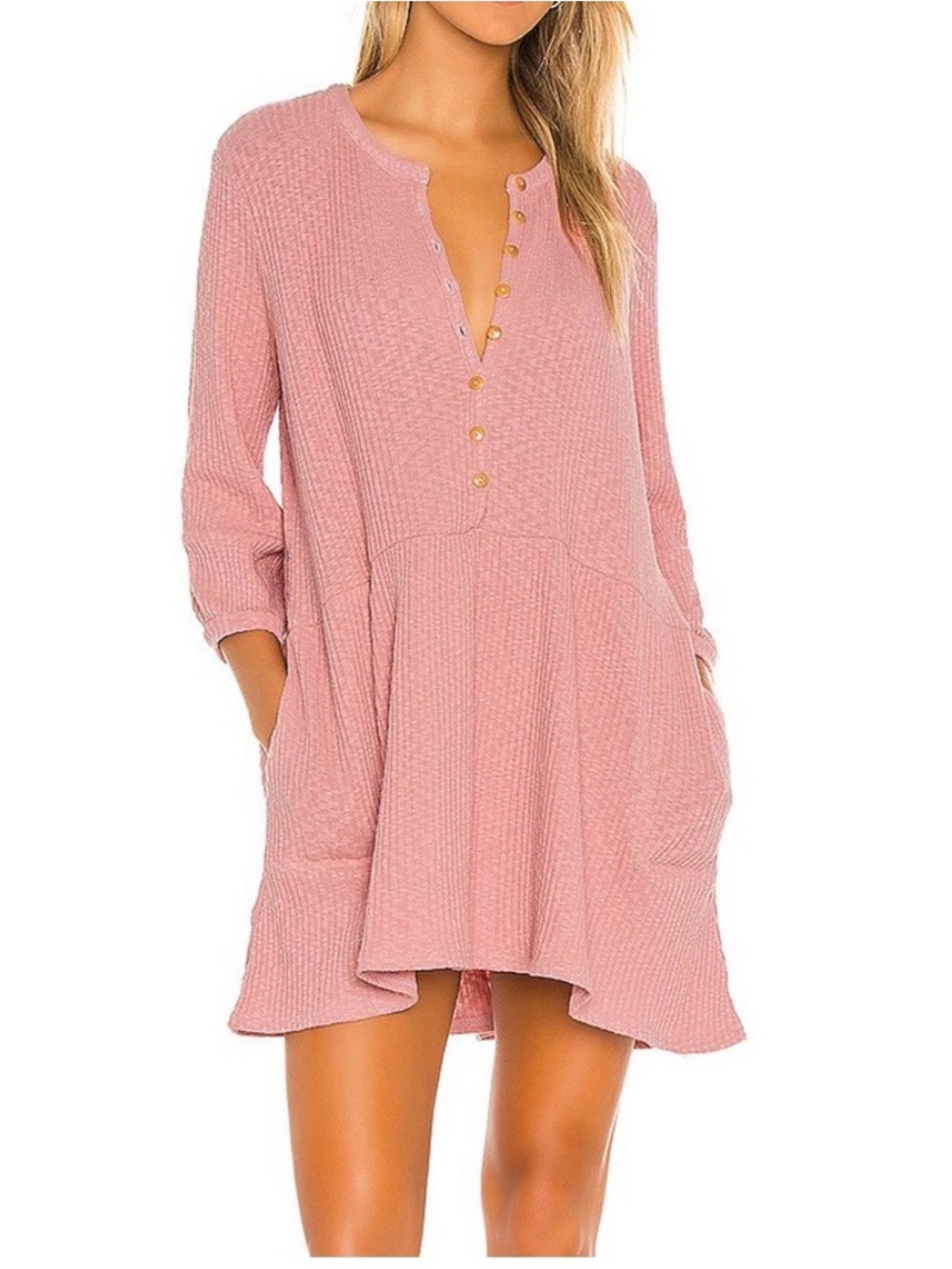 Free People Beach Waffle Knit Henley Tunic Mini Dress Pink Size S